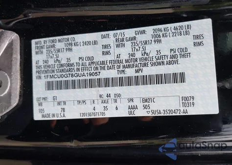 2016 Ford Escape Se из США, поврежденный, VIN 1FMCU0G78GUA19057